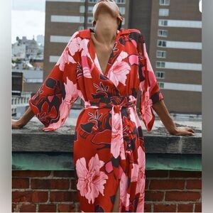 Zara Floral Kimono Belted Dress XS Red Pink Blogger Favorite